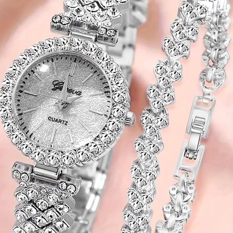 Women's Elegant Fashion Rhinestone Decorated Quartz Watch & Bracelet Set, Fashion Watch & Bracelet Set for Party, Daily Decor, Trendy All-match & Exquisite Watch Set for Gift, Bling Matching Set