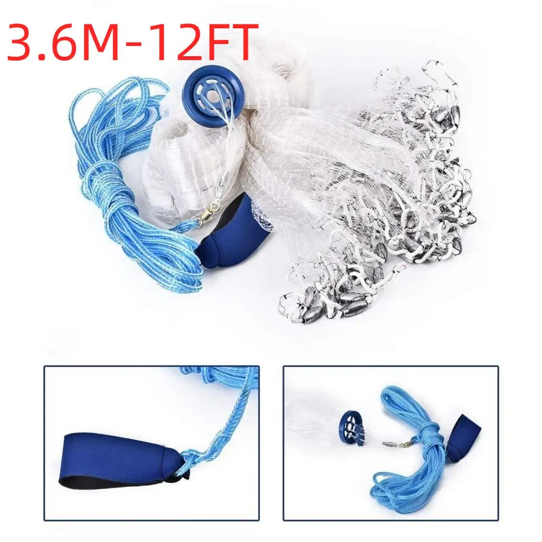 3.6m / 12ft Easy-Throw Fishing Cast Net, 0.47in Nylon Monofilament Bait Trap with Heavy Duty Galvanized Zinc Sinkers for Saltwater & Freshwater Pinfish, Suitable for Beginners and Pros