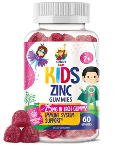 Sunny Sam Kids' Zinc Vitamin Gummies - 25mg Zinc Per Gummy, Low-Sugar Vegan Pectin Chewable, Immune Support Natural Antioxidant, Non-GMO Gluten-Free No Gelatin, Raspberry Flavor Daily Dietary Supplement, 60-Day Supply