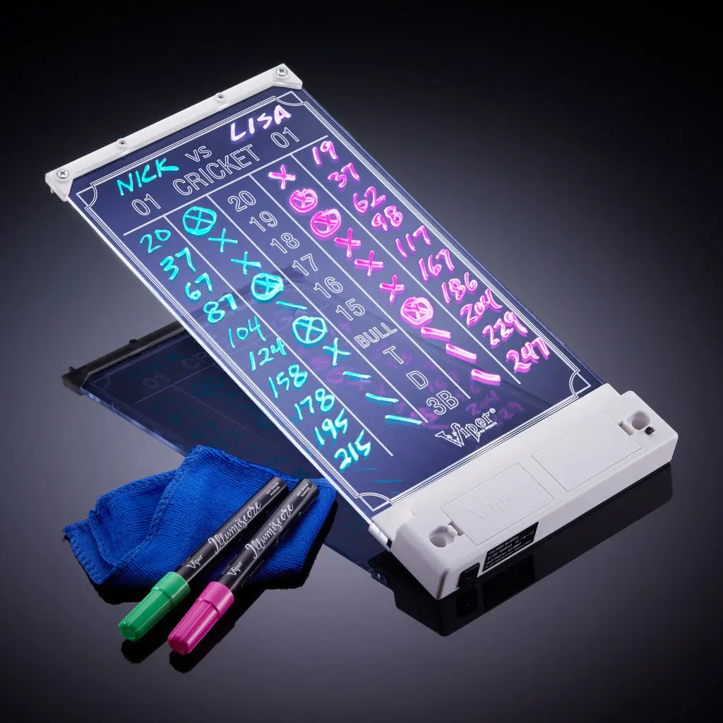 Viper 41-0410 Illumiscore Scoreboard - White, Wall Mount, Backlit Display, Neon Marks, Wipe Clean, High Visibility Scoring, Smooth Glide Neon Markers, Easy Setup for Cricket Games