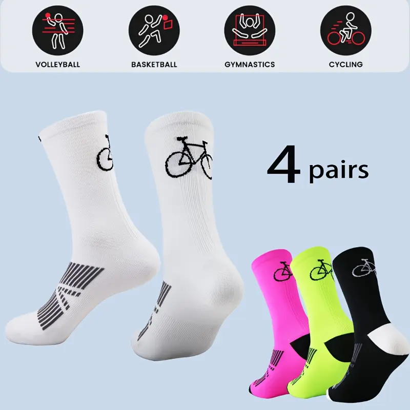 4 Pairs Men's Professional Outdoor Sports Socks - Nylon Moisture-Wicking Anti-Slip Cycling Hiking Socks with Breathable Design, All-Season Multi-Color (White/Pink/Black) for Gym, Basketball, Gymnastics - Machine Washable, Athletic Socks, Ve