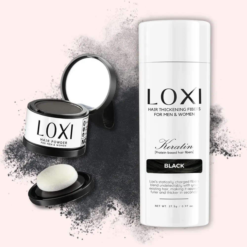 LOXI HAIR FIBER & POWDER BUNDLE. Fill in fine and thinning hairs. Gray hair coverage.