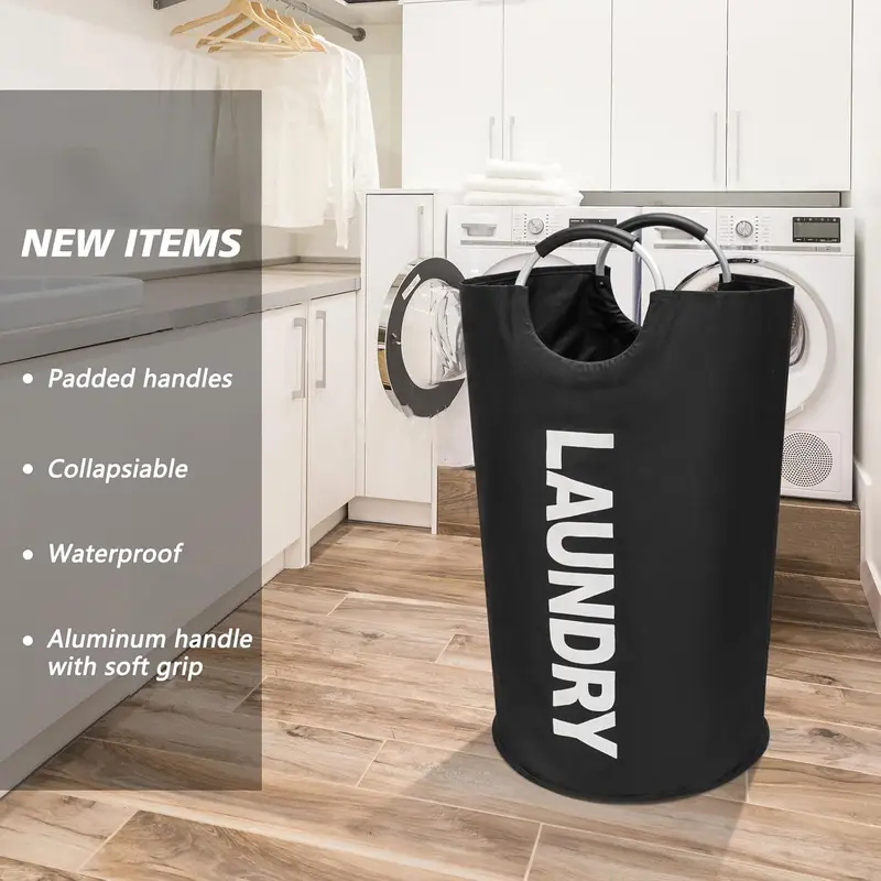95L Large Oxford Fabric Laundry Basket - Collapsible Waterproof Laundry Basket with Foam-Protected Aluminum Handles, Sturdy Stand-Up Freestanding Form, Fold-Flat Closet Storage, Comfortable Grip for Young Adults’ Bedroom Back-to-School Gift