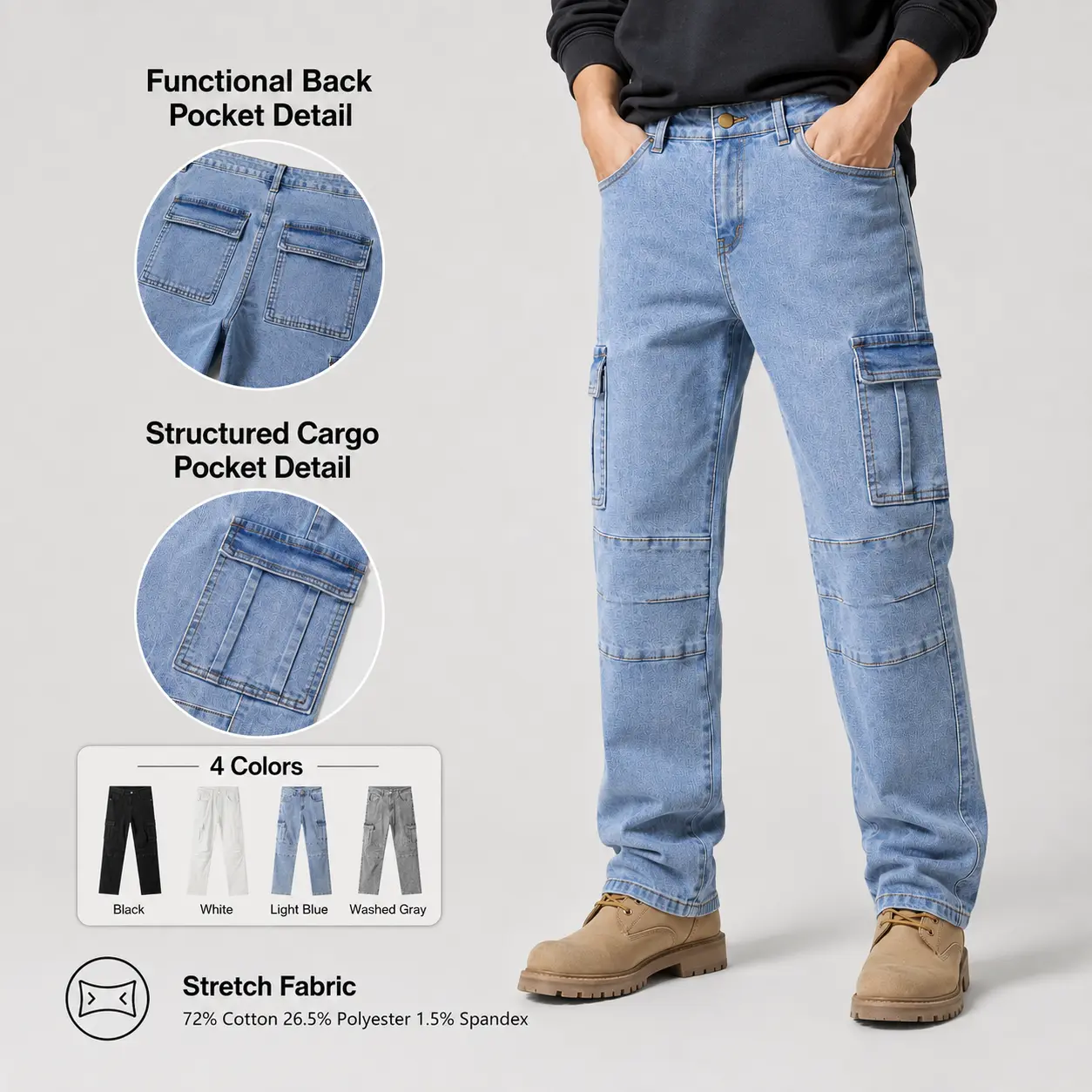 Men’s Light Wash Stretch Cargo Jeans, Slim Straight Denim Pants with Multi-Pocket Utility Design for Casual Streetwear, Workwear & Everyday Wear