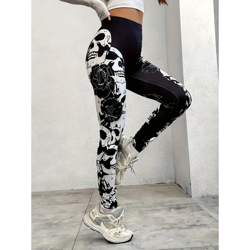 Women's Stretchy Skinny Skull Print Knit Leggings - High Waist, Full Length, Pull-On, Polyester-Elastane Blend, Machine Washable, No Dry Clean, All Seasons, Floral Leggings (Womens Clothing, Sports Bottoms)