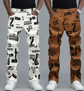 Men'S Slim-Fit Streetwear Straight-Leg Jeans with Bold Letter Print - Black & White Casual Denim Pants for All Seasons, Comfortable and Stylish, Street Style Pants|Sleek Jeans|Durable Denim skinny jeans baggy jeans for men jeans pants for men