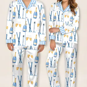 Apres Ski Champagne Pattern Satin Pajama Set For Women Long Lounge Set Sleepwear, Pajamas Set For Women , Champagne And Bows Wedding Pajamas outdoorfun