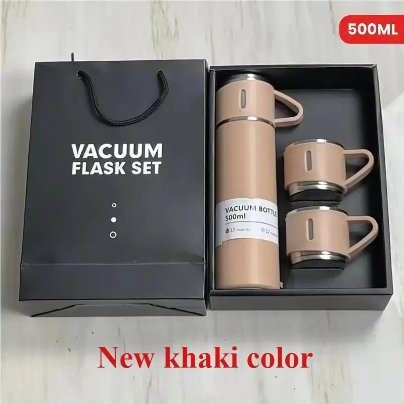 4pcs Per Set, Including 3 Small Cups+1 Water Cup, Insulated Cup Set, Stainless Steel Bottle 500Ml/ 16.9Oz Insulated, Perfect for Hot And Cold Drink, Perfect for Business And School Three Lid Portable Fashion Spot Business Event Gift Set Stainless