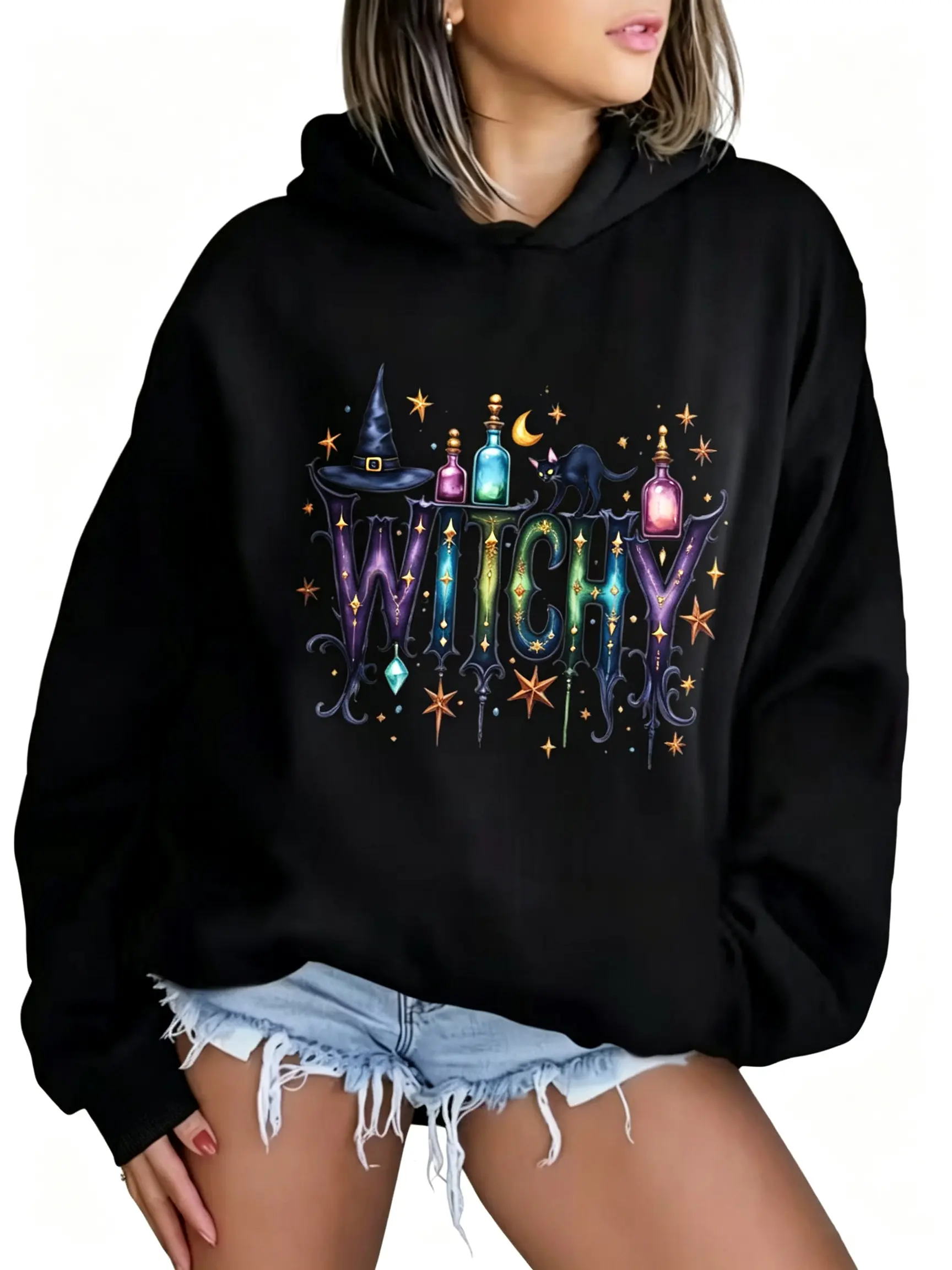 Women Oversized Witchy Hoodie, Colorful Witchy Letter Graphic Sweatshirt With Witch Hat Potion Bottle Black Cat Moon Stars, Spooky Season Halloween Pullover, Gothic Witch Casual Fall Fashion Outfit Top Womenswear Baggy Crewneck