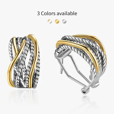 Aprilery Elegant Twisted Rope Crossover Alloy Huggie Hoop Earrings - Wide Band 2-Tone Chunky Mixed Metal Statement Jewelry, Casual Female Loop Earrings for Women Gift