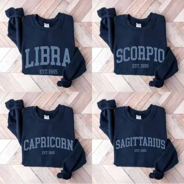 (Leave A Note or DM to Shop) (Ver 2) Custom Zodiac Sweatshirt – Navy Color, Custom Year-Est Your Year Astrology Pullover, Cute Horoscope Energy Gift, Unisex Crewneck Sweatshirt, Birthday Zodiac Sign Outfit