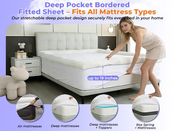 Deep Pocket Fitted Sheet with Border Trim, 19 Inch Extra Deep Mattress Cover, Ultra Soft Plush Bed Sheet Set, 360° Anti-Slip Wrap Around Stays in Place, Machine Washable Cozy Sleeping Solution