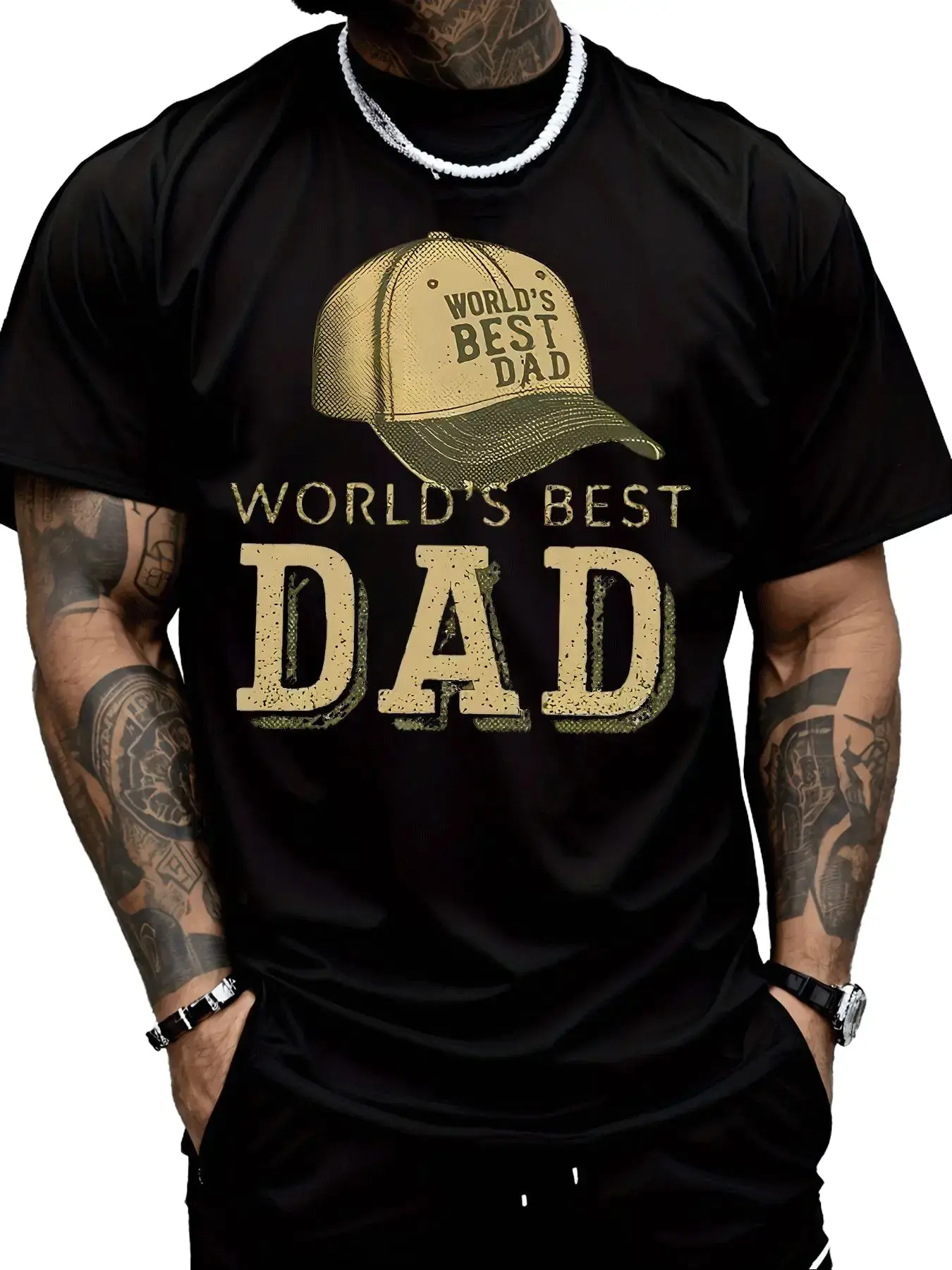 Men's Relaxed Fit Crew Neck Short-Sleeve Breathable T-Shirt - Distressed "World's Best Dad" Baseball Cap Print, Retro Slogan Tops, Gold Distressed Art, Stylish Menswear for Father’s Day, Celebrate the World’s Best Dad, All Seasons