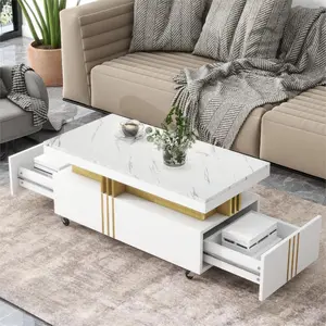 ON-TREND Contemporary Coffee Table with Faux Marble Top, Rectangle Cocktail Table with Caster Wheels, Moderate Luxury Center Table with Gold Metal Bars for Living Room, White