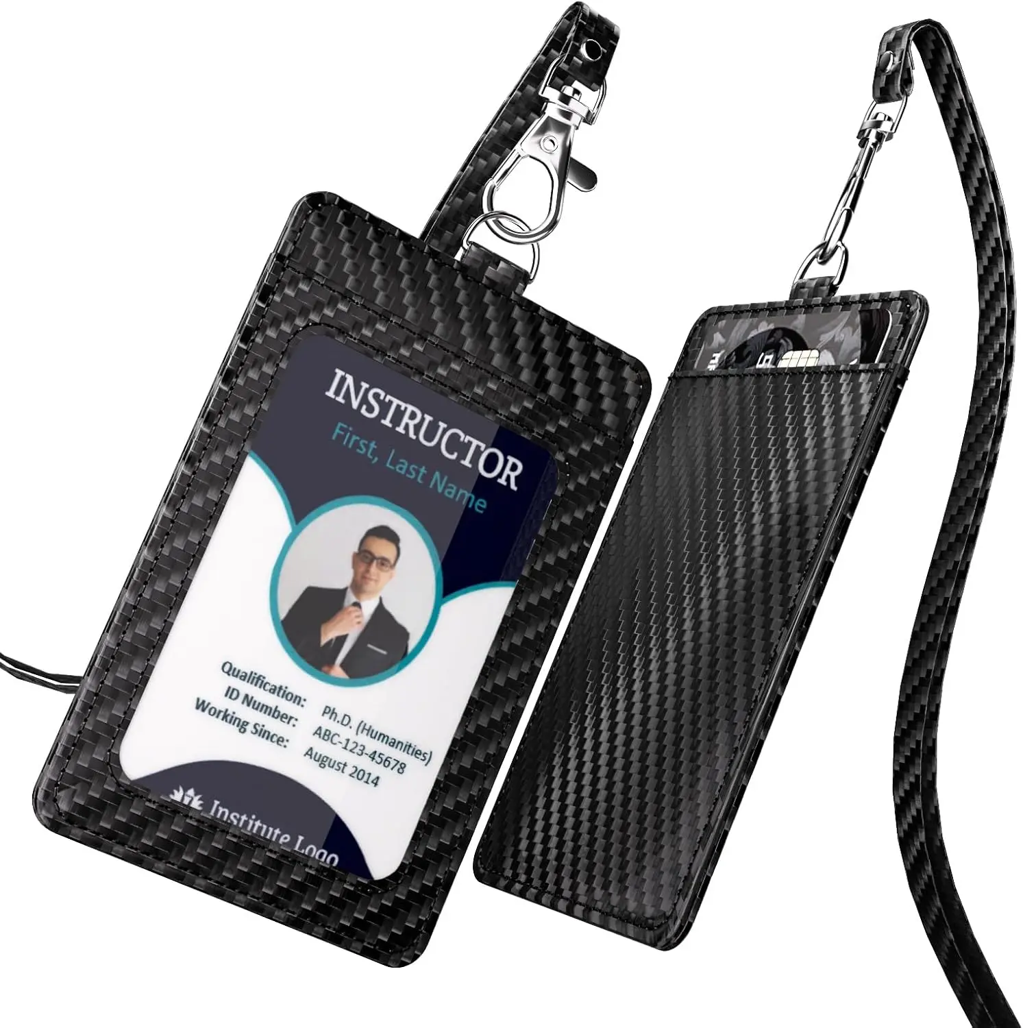 Carbon Fiber Work ID Card Holder with Lanyard is a Stylish and Durable Card Holder with Dual Card Capacity, Clear Display Window and Privacy Back Pocket (Black) | Stylish and Durable Card Holder with Dual Card
