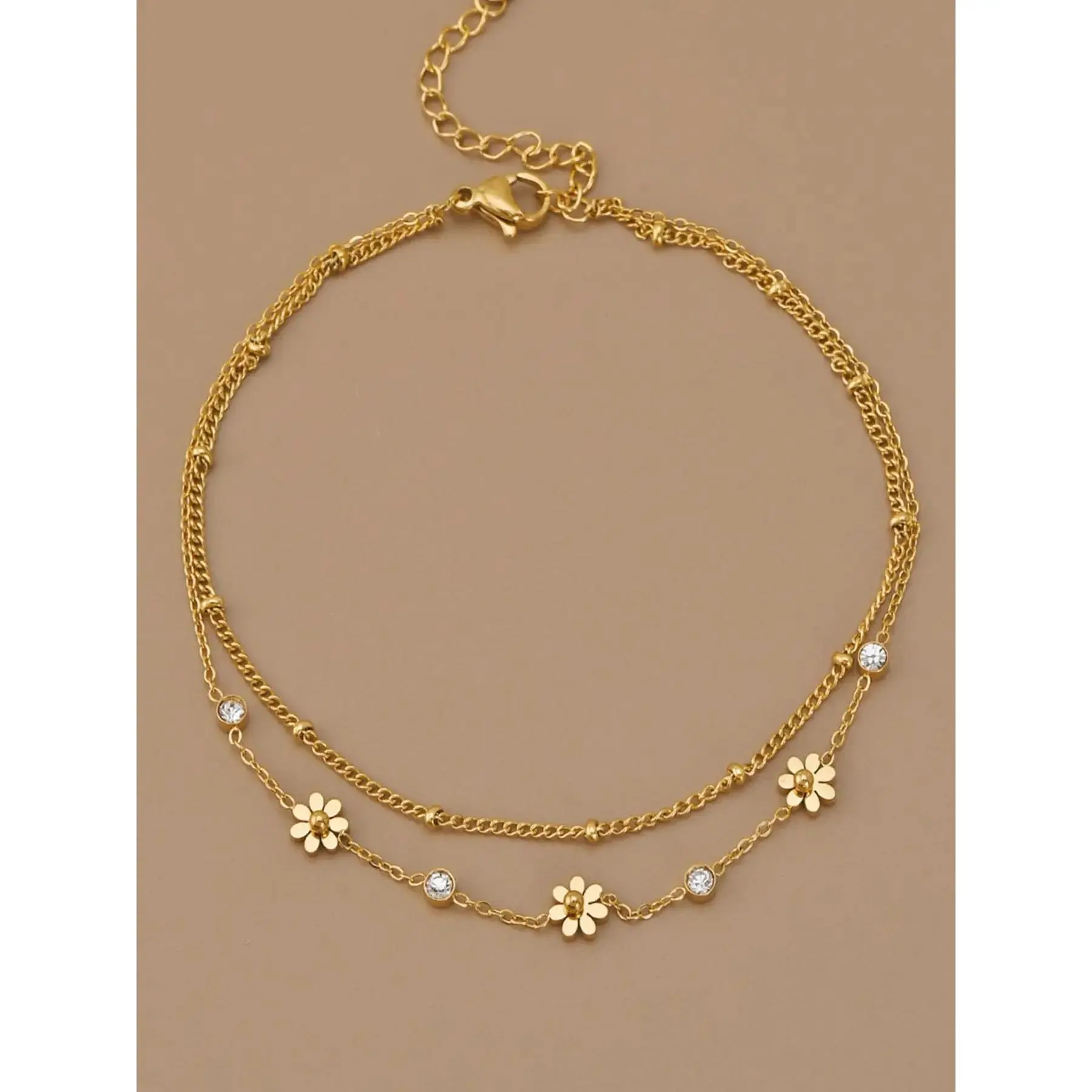 Gold Daisy Layered Design Anklet for Women, Stainless Steel Double Chain Ankle Bracelet with Cubic Zirconia, Adjustable Fit Flower Foot Jewelry for Summer Beach men y2k cuban link men's