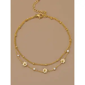 Gold Daisy Layered Design Anklet for Women, Stainless Steel Double Chain Ankle Bracelet with Cubic Zirconia, Adjustable Fit Flower Foot Jewelry for Summer Beach