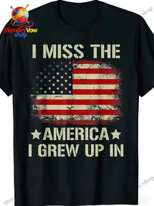 's Vintage American Flag T-Shirt - I Miss The America I Grew Up In Retro Distressed USA Flag Design, Comfortable Cotton Crew Neck Short Sleeve Tee, Regular Fit Casual Shirt with 50 Stars & Stripes (Black) for Nostalgic American