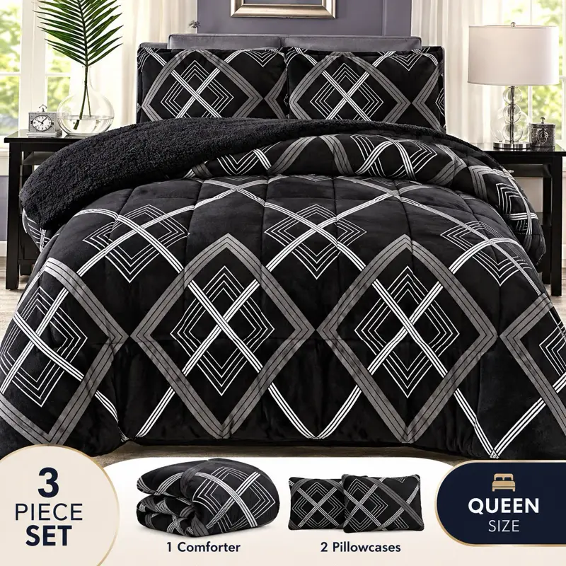3 Piece Set Queen Size Comforter with 2 Pillowcases, Black and White Geometric Pattern, Soft and Cozy Bedding Set