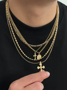 Men's Necklace Set, Cross & Round Pendant, Business Casual Streetwear Hip-Hop Accessory, Multi-Chain Layered Necklaces