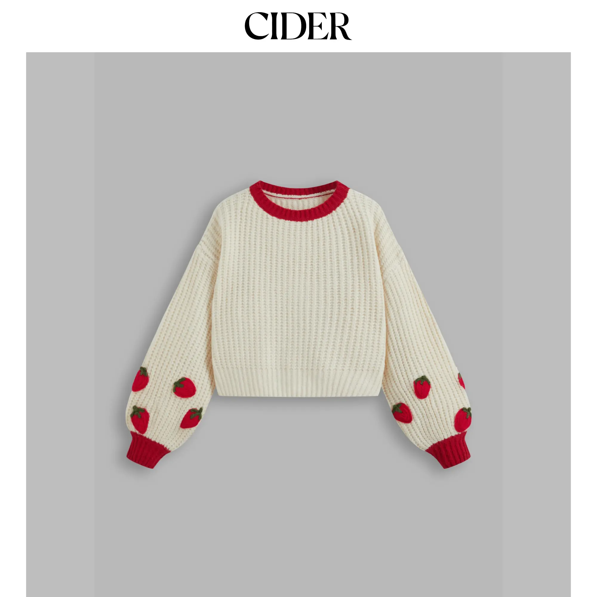 Cider Women's Casual Strawberry Round Neck Crop Sweater, a Knit Pullover with Contrasting Binding in Recycled Polyester Blends, Casual Basic Knitwear, Round Neck Knitwear