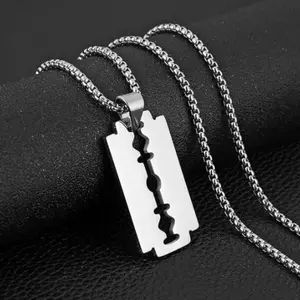 Hiphop Razor Pendant Necklace, Cool Hiphop Style Fashion Jewelry Gift, Unique Trendy Sweater Chain, Cuban Link Chain, Stainless Steel, Casual All Seasons