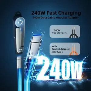 [March Warranty] Basemo New Upgraded 240W Super-Fast Charger with Detachable 2-in-1 360° Invisible Stand, Zinc Alloy & Silicone Type-C 1.5rice Cable – Ideal for Gaming, Office, Car Use, and Travel – Compatible with Apple and Samsung Devices