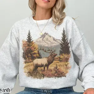 Retro Elk Sweatshirt Vintage Fall Hunter Scene Sweater 90s Bull Forest Nature Outfit Crewneck Americana Nostalgia Elk Deer Sweatshirt