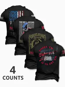 Men's 4-Piece Flag Series Round Neck Casual Short Sleeve T-Shirts, Summer Comfortable Tee, Daily Sports Wear, Perfect Gift