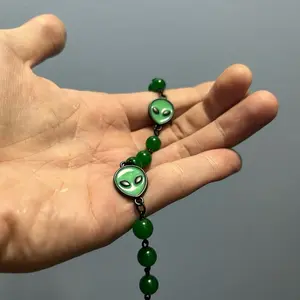 Interstellar Aventurine Bracelet - Natural Green Beads & Alien Head Charms - 7 Inch Length - Unique Quirky Accessory for Adults