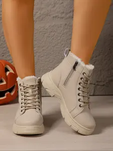 New Women's Fleece Lined Boots, Dual Zipper Design Thick Sole Ankle Booties, Winter Warm Boots, Fall & Winter Casual PU Leather Shoes