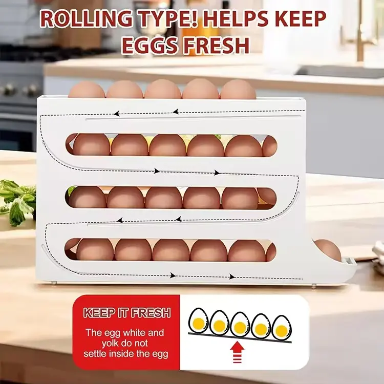 Automatic Rolling Egg Storage Organizer 4-Tier Space-Saving Fridge Holder for 28 Eggs White PP Plastic Kitchen Cabinet Refrigerator Tray Automatic Rolling Egg Storage Organizer 4-Tier Space-Saving Fridge Holder for 28 Eggs White PP Plastic Kitchen Cabinet Refrigerator Tray