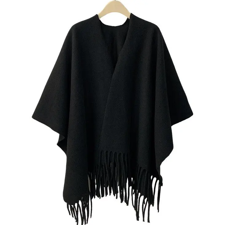 Black   wool slit shawl