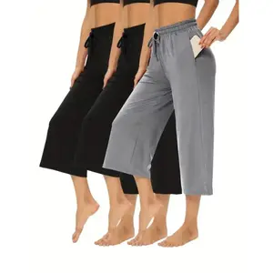 3pcs Drawstring Wide Leg Capri Pants, Women's Loose Fit Athletic Yoga Pants With Pockets, Casual Comfort Sports Cropped Trousers For Outdoor Fitness Training