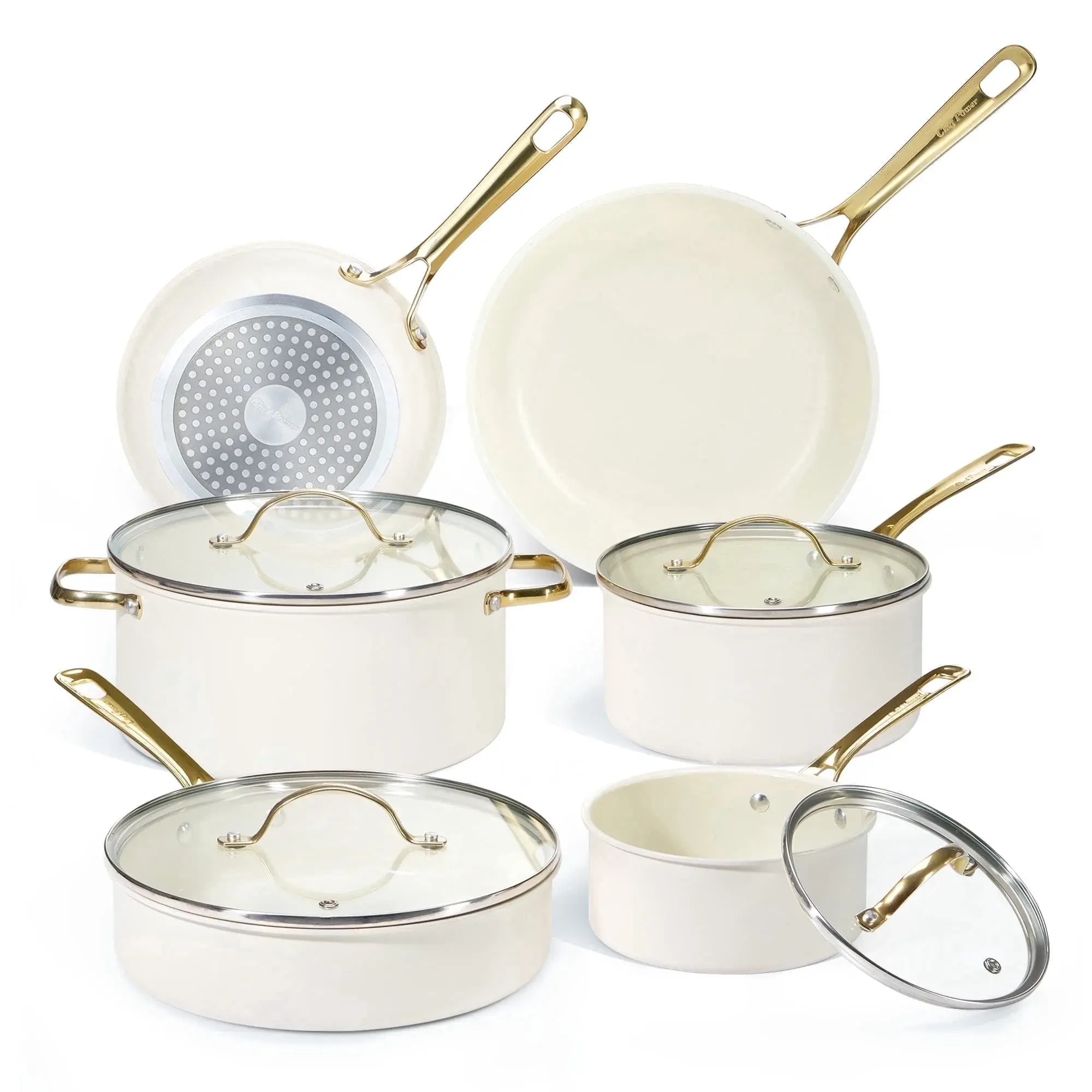 Chef Power 10 Pcs Ceramic Non Stick Cookware Sets, Pots and Pans Set with Stainless Steel Handle, Dishwasher and Oven Safe, Cream White with Light Gold Handle