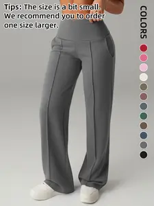 Women's Four-Season Plain Loose Straight Leg Pants, Wide Leg Mid-Waist Sporty Casual Pants with Pockets, Comfortable Daily Wear