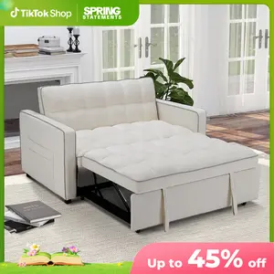 EBELLO 3-in-1 Convertible Velvet Sleeper Sofa Bed | Modern Loveseat Futon with Side Storage Pockets for Small Space, Grey&White | Christmas Gift Sectional Upholstered