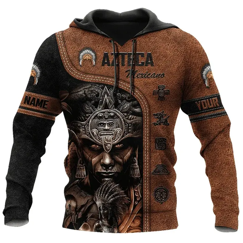 Men's Aztec Emblem 3D Print Hoodie, Menswear Polyester Long Sleeve Tops, Mexican Pullover Sports Sweatshirt