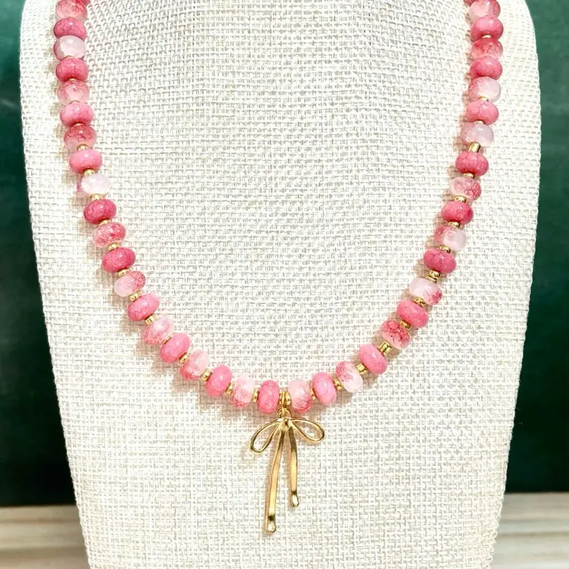 Gold Bow Beaded Necklace, 16 Inch Handmade Glass Bead Necklace, Coquette Jewelry, Pink Beaded Necklace, Sunset Bead Necklace