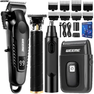 WEEME 4pcs Men'S Facial Grooming Set, Home Electric Hair Clipper Kit USB Quick Charge Clippers + T-Trimmer + Razor + Nose Hair Trimmer for Shaving, Trimming, Nose Hair Care, Carry-On Travel Use with LCD Display Battery Life Father'S Day/Birthday Gift for