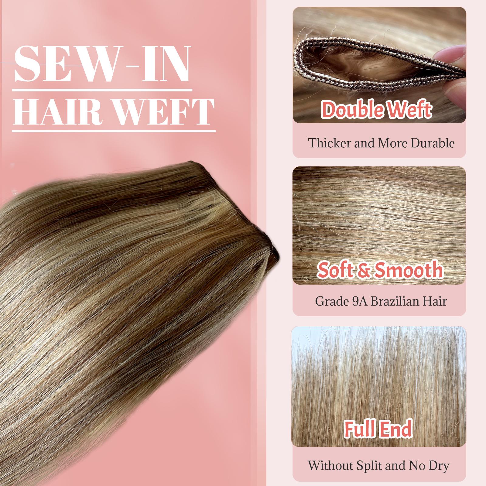 Platinum Blonde Highlight Sew In Extensions 24 Inch Real Human Hair Weft Extensions 120G Double Weft Remy Human Hair Bundles For Women Hand Tied Full Head Straight Hair Weaves
