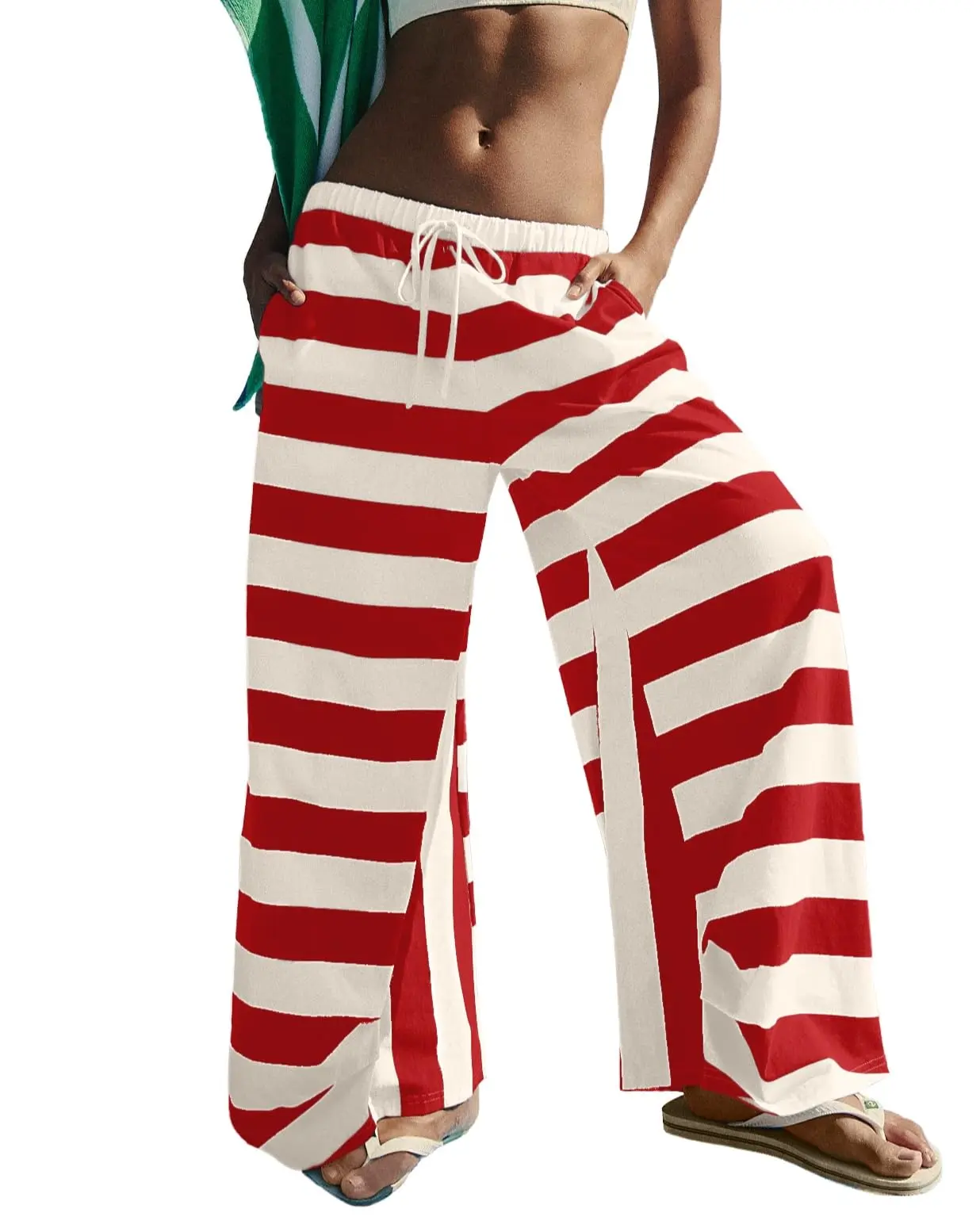 Lepunuo Striped Wide Leg Pants Beach Pants with Pockets