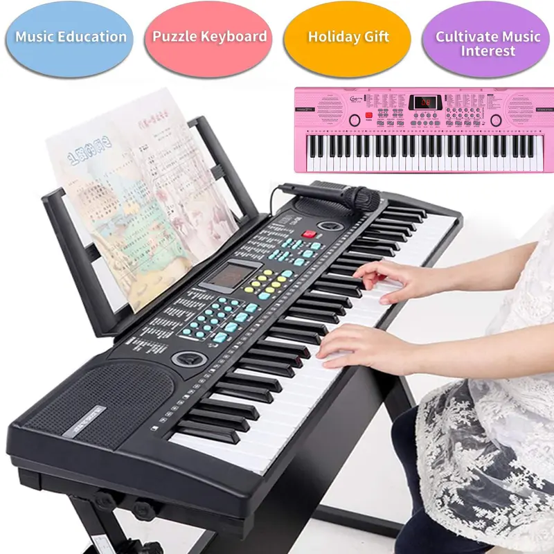61-Key Multifunction Kids Beginner Piano Electronic Keyboard, Portable Digital Musical Instrument, 29.5''x9''x2.3'' Early Education Toy with 100 Rhythms, 100+ Sounds, Microphone, Music Sheet Stand (Ideal for Birthday Gifts)