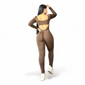 Brown Suplex Push Up Long Sleeve Jumpsuit Casual Brown Suplex Push Up Long Sleeve Jumpsuit Casual
