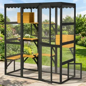 Predator Proof Wooden Chicken Coop Outdoor Hen House With Dual Nesting Boxes Waterproof Backyard Poultry Cage Gray