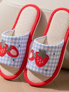 Women's Fashion Plaid Embroidered Strawberry Toe-Out Slippers, Breathable Large Size Home Shoes for Spring & Autumn