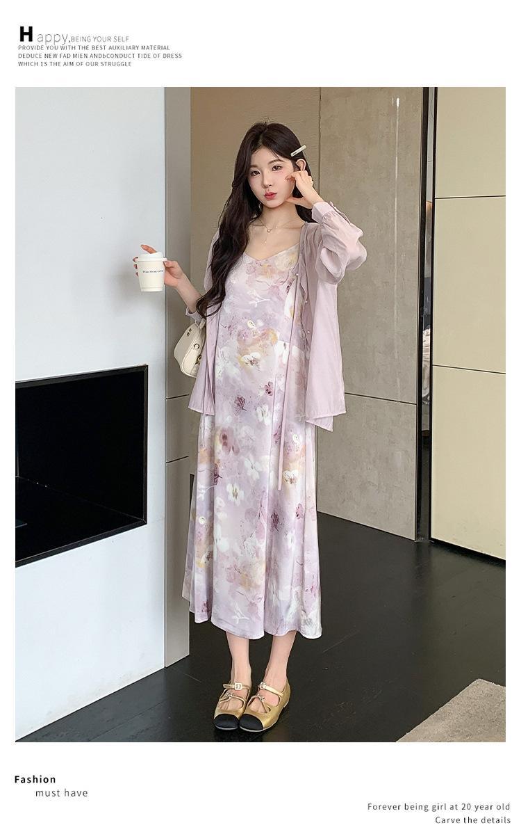 Sweet And Gentle Style Purple Printed Slip Dress Shirt And Cardigan Two-Piece Set