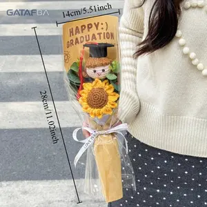 Handmade Crochet Graduation Gift 2026 | Sunflower Grad Bear Bouquet | Unique Yarn Flower Set for High School College Grad, Exam Success, Grad Party