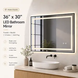 36" x 30" LED Bathroom Mirror with Frontlit & Backlit, Anti-Fog Smart Vanity Mirror, 3 Color Dimmable, Shatter-Proof Black Frame