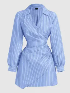 Blue Striped Print Cross-Fold Long Sleeve Dress, Professional Women's Clothing, Thanksgiving Shirt, Christmas Party Gown, Beach